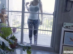 OMG!!!Big tits blonde MILF Janna Hicks suddenly feels horny while cleaning the windows with her huge tits and started a hot sex with stepson.