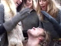 Medieval slave spitted kicked & smeared out outdoors by three femdom