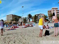 German teen masturbates in public with her big nubile tits out
