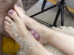 Feet make love and besides footjob with chain anklet bracelet and besides cover them with a large load of cum