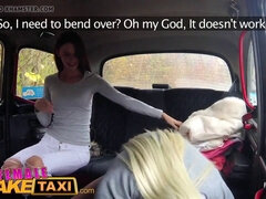 Blonde Kate Sin & blonde Blanche Bradburry strap on each other in fake taxi