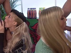 Playful blonde MILFs with fake tits start a sweaty foursome in the store with blowjobs