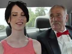Pasty brunette with a nice cooch takes on two old dudes
