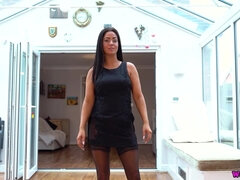 Amateur brunette MILF in black stockings and lingerie - solo striptease