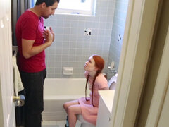 Dolly Little gags on bff's dad's cock in the bathroom then gets pussy ravaged