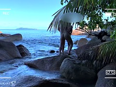 Spy voyeur, naked couple having sex on a public beach - projects