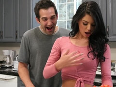 Gina Valentina pleasuring her boyfriend in the kitchen