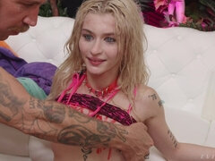 Tattooed porn cutie Emma Rosie looks adorable in a pink leopard-print dress, eager for hardcore fucking. The petite blonde teases, sliding her panties