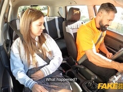 Naughty college teen gets off before getting screwed by her instructor at Fake Driving School