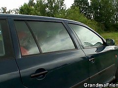 Blonde Granny gets her shaved pussy pounded in a wild outdoor threesome with old dudes