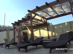 Nasty exhibitionist mom in see thru bikini - Hotel - wet MILF flashing outdoors