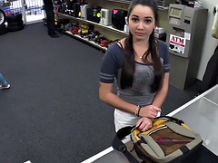 Pawnshop girl sucks and gets fucked by pawnshop owner
