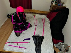 Sissy maid tied up in self bondage, tied hand and foot
