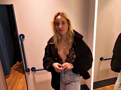 French blonde teen with big ass caught stealing and anal fucked in dressing room by two strangers!!!