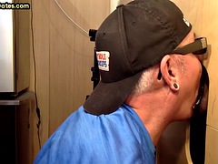 Gray gay daddy blowjob and handjob on top of the glory hole