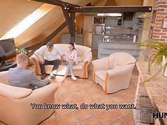 With lust in eyes wife gives muff to man to make hubby watch