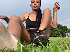 Asian girl with smelly sweaty white socks and barefoot