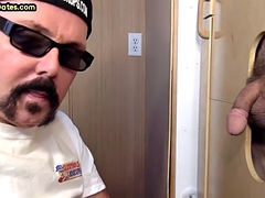 Mustachioed mature gay sucks glory hole rod until cum in mouth