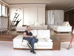 A raven haired kitten gets naked and moreover then she hand moreoverles a dick