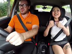 FAKEHUB - Public Asian babe fucked in car outside by driving tutor