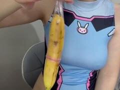 My stepsister plays with a banana before sticking it in her fake cooch