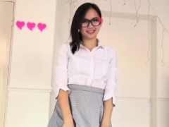 Preppy asiatic teen in glasses gets down and dirty hard