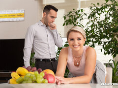 Short-haired beauty smiles while getting her tight pussy drilled