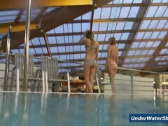 Horny girls strip eachother in the pool