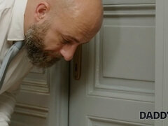Neeo, the shaved euro babe, takes on two big dicks while her daddy watches on the couch