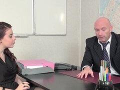 Pretty French belle analyzed at the office by bald boss