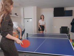 Samantha Sparkle tempts Kristof Cale in the table tennis room