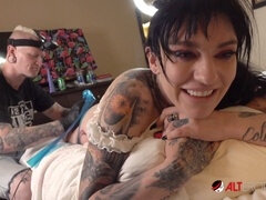 Misha Montana with huge knockers gets a new leg tattoo behind the scenes