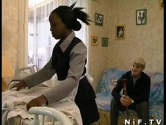 French ebony maid banged in three-way with Papy Voyeur