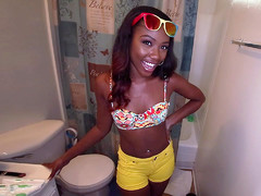 Cute black chick Chanell Heart showing us her new bathroom