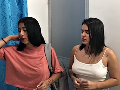 Stepmom shares a bed in a hotel room - stepsister joins in - threesome - porn in spanish