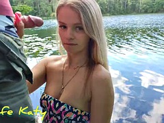 Casual sex with a stranger on a forest lake with cum in her pussy