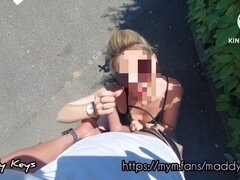Seductive babe Littleangel traps her admirer and challenges him to a wild public car park orgy