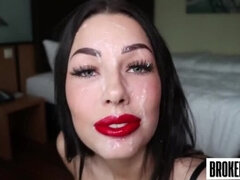 Red Lipstick Blowjob: Amateur Brunette's Deep-Throat Mess - Submissive College Babe