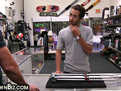 Pawnshop owner fucks gaypawn in office POV after blowjob