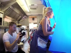 A blonde is in the mobile kitchen, getting fucked really hard