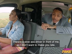 Busty ebony driver with a massive booty fucks her passenger hard in a fast and dirty ride