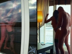 Couple Film Themselves Fucking From Inside Balcony Door, Girlfriend Laps Up Cum From Window