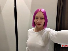 Try on transparent clothes in the fitting room. Busty blonde tries on a transparent blouse with only panties