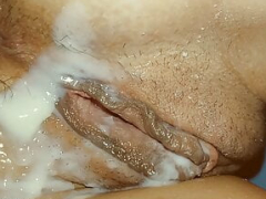 Playing with utterly creamy and wet pussy after have an intercourse and creampie