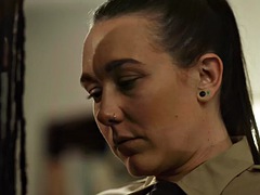Les prison officer licks and fingers ebony cunt in the office