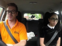 Fake Driving School Black haired Euro babe with Glasses