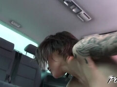 French skinny slut with tattooed perfect body rock the cock in car