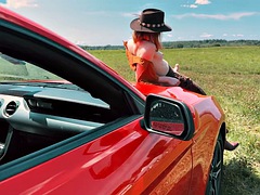 Lady Cowgirl Cums in the Car