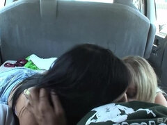 Ashli Orion and Amy Brooke give blowjobs in a minivan