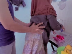 Hot Indonesian MILF in Hijab Seduced by Naughty Stepbro in Kitchen - Big Tits, Creampie